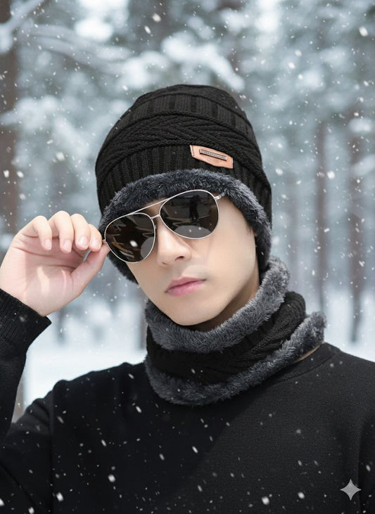 Beanie Wool Cap with Wool Neck Warmer Set
